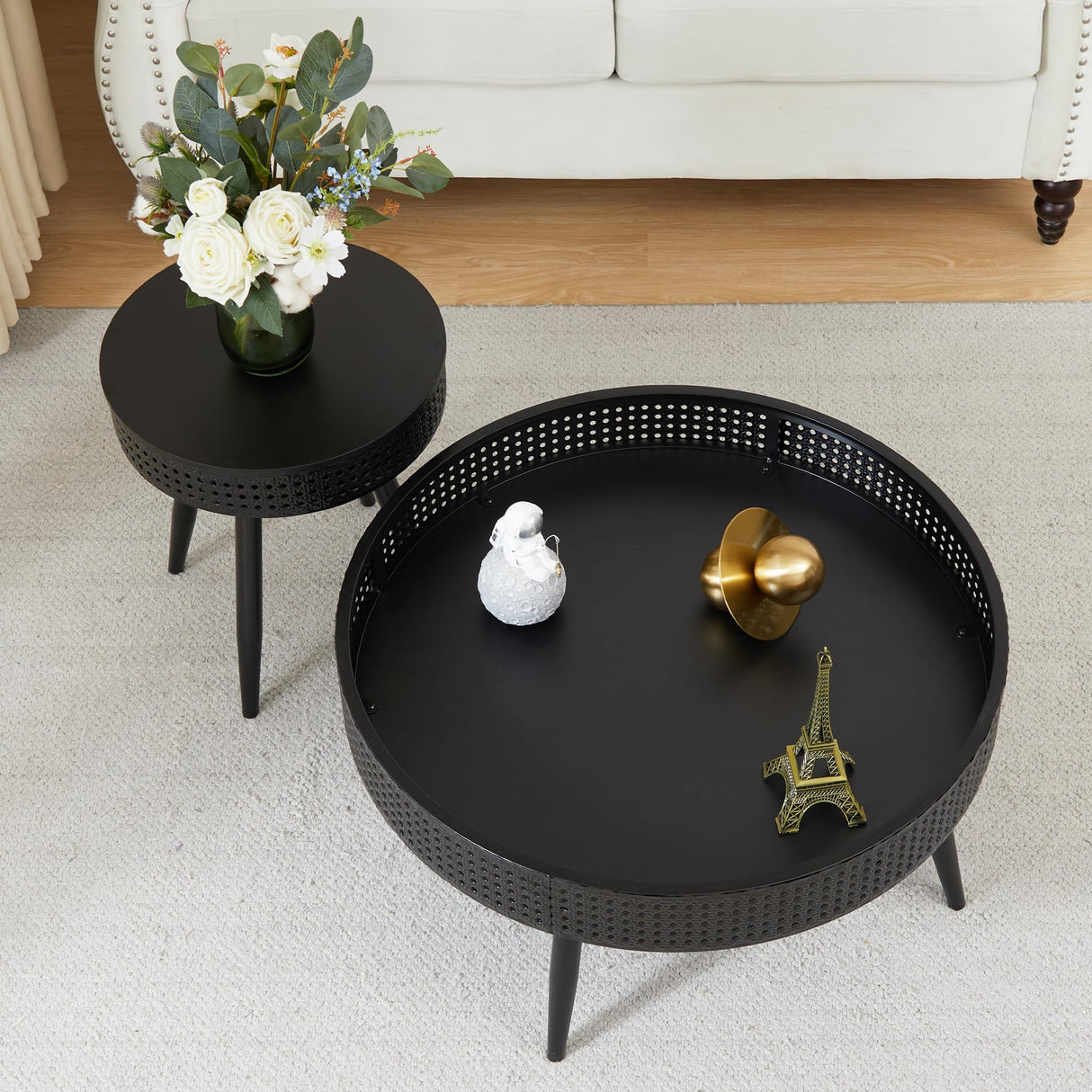 Modern Farmhouse Round End Table Set of 2,Iron Rattan Coffee Table with Hidden Storage Basket,29.1” Nesting Side Table for Living Room,Balcony,Patio,Swimming Pool (Black) FurSch