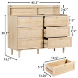 UNDUSLUY 6 Drawer Rattan Double Dresser for Bedroom with Shelves, Wood Chest of Dressers, Modern Dresser Chest with Charging Station for Closet, Living Room and Entryway, Natural UNDUSLUY
