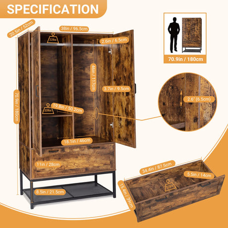 VINGLI Armoire, Wardrobe Closet with Hanging Rod, Bedroom 71" Freestanding Wardrobe Cabinet with Doors, Adjustable Shelves and Drawer, Open Compartment, Rustic Brown VINGLI
