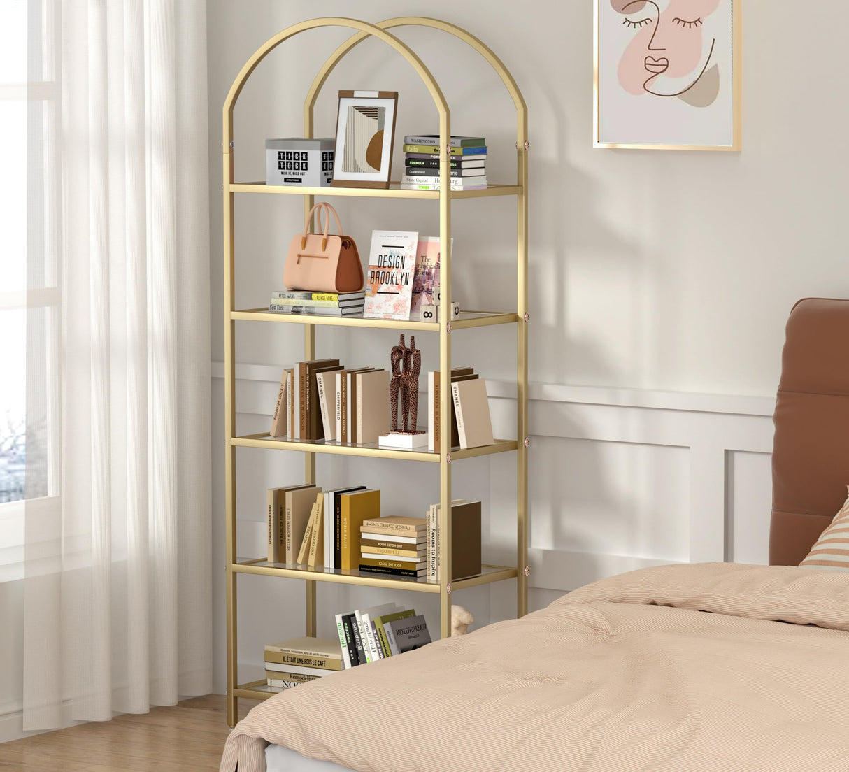 Homhedy Bookshelf Arched Display Racks,Metal Bookcase,Tempered Glass Shelves,Storage Rack Shelf for Home Office,Living Room,Bedroom, Bathroom,Modern Style (Golden, 11.8" D x 23.6" W x 62.2" H) Homhedy