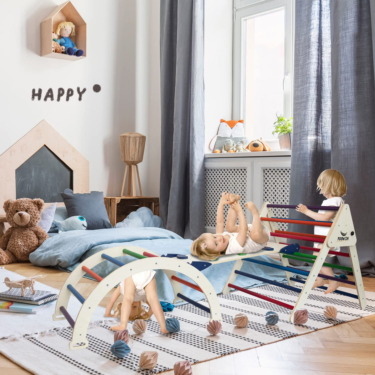 FOOWIN Pikler Triangle Set Climber 8 in 1，Toddler Climbing Toys with Ramp & Arch & Mat Montessori Climbing Set，Wooden Climbing Toys with Ramp for Kids FOOWIN