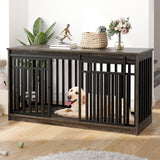 DWVO 55" Extra Large Dog Crate Furniture, Heavy Duty Metal Dog Kennel TV Stand with Sliding Door, Wooden Dog Cage Table with Dog Bowl for Extra Large Medium Dogs or 2 Small Dogs Black Oak DWVO