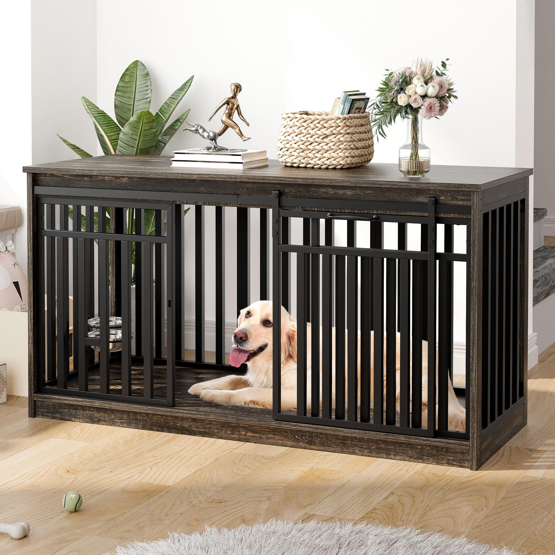 DWVO 55" Extra Large Dog Crate Furniture, Heavy Duty Metal Dog Kennel TV Stand with Sliding Door, Wooden Dog Cage Table with Dog Bowl for Extra Large Medium Dogs or 2 Small Dogs Black Oak - WoodArtSupply