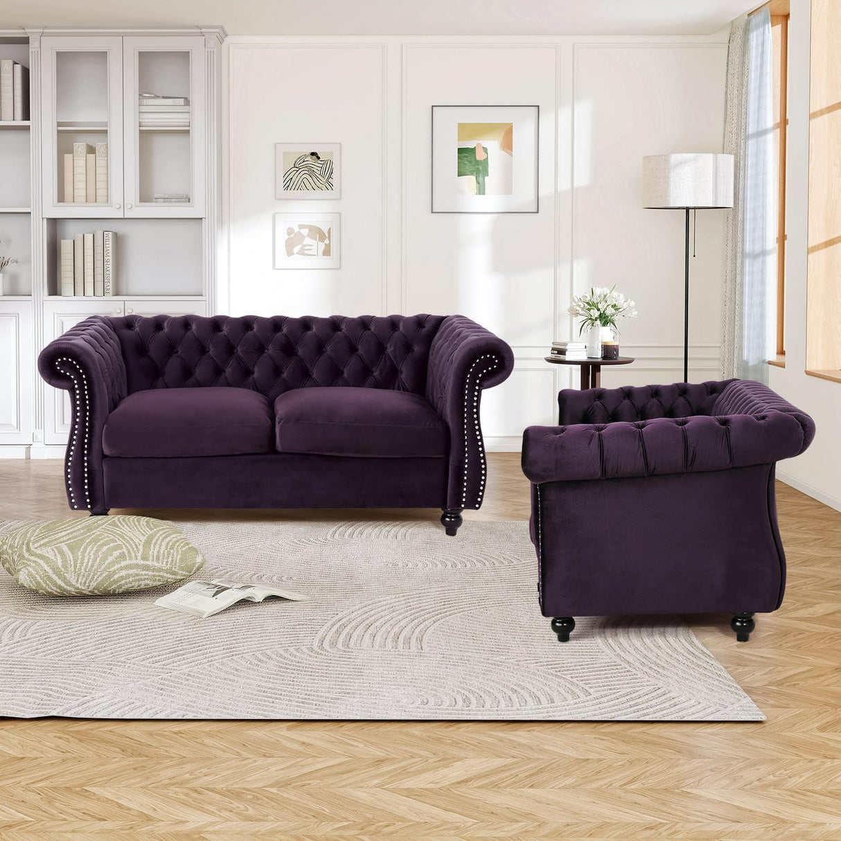 61"W Mid Century Modern Chesterfield Couch,Upholstered Velvet Loveseat Sofa with Button Tufted & Rolled Armrests,Comfy Deep Seat Sofa with Nailhead Trim & Gourd Legs for Living Room,Apartment(Purple) JEEOHEY