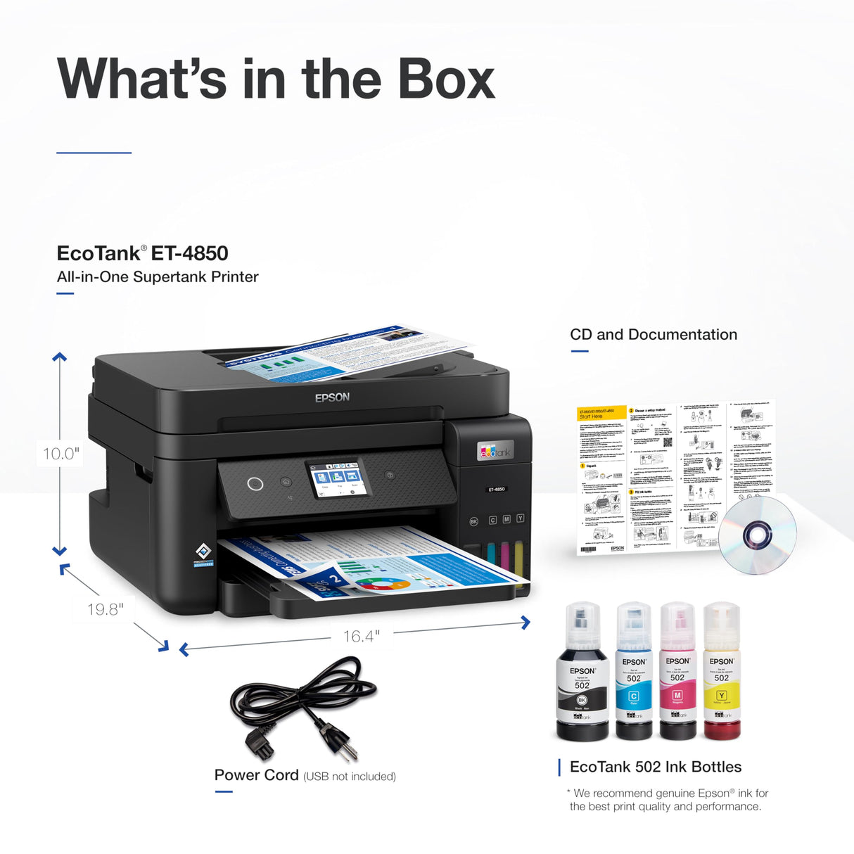 Epson EcoTank ET-4850 Wireless All-in-One Cartridge-Free Supertank Printer with Scanner, Copier, Fax, ADF and Ethernet – The Perfect Printer Office - Black Epson