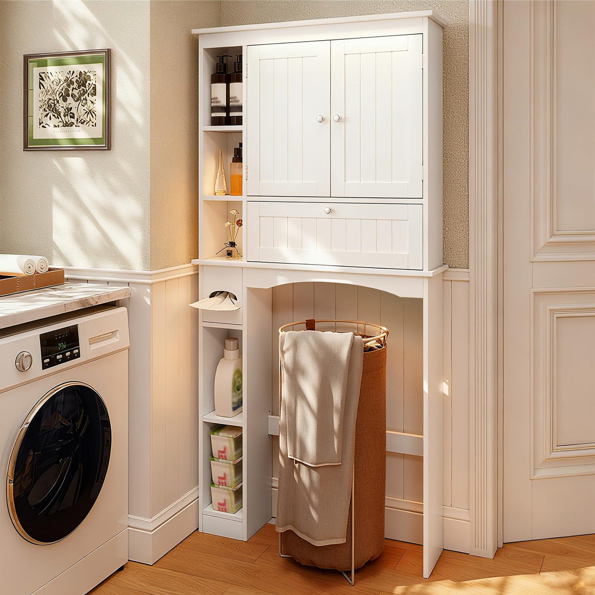 Giantex Over The Toilet Storage Cabinet, 31.5''W Freestanding Space Saver with Doors, Adjustable Shelf & Toilet Paper Holder, Over Toilet Bathroom Organizer for Laundry, Restroom, White Giantex