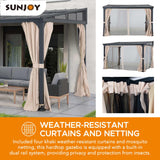 Sunjoy 12 x 14 ft Wall Mounted Gazebo with Powder Coated Steel Roof, Black Aluminum & Metal Frame Lean to Gazebo with Curtains and Netting Sunjoy