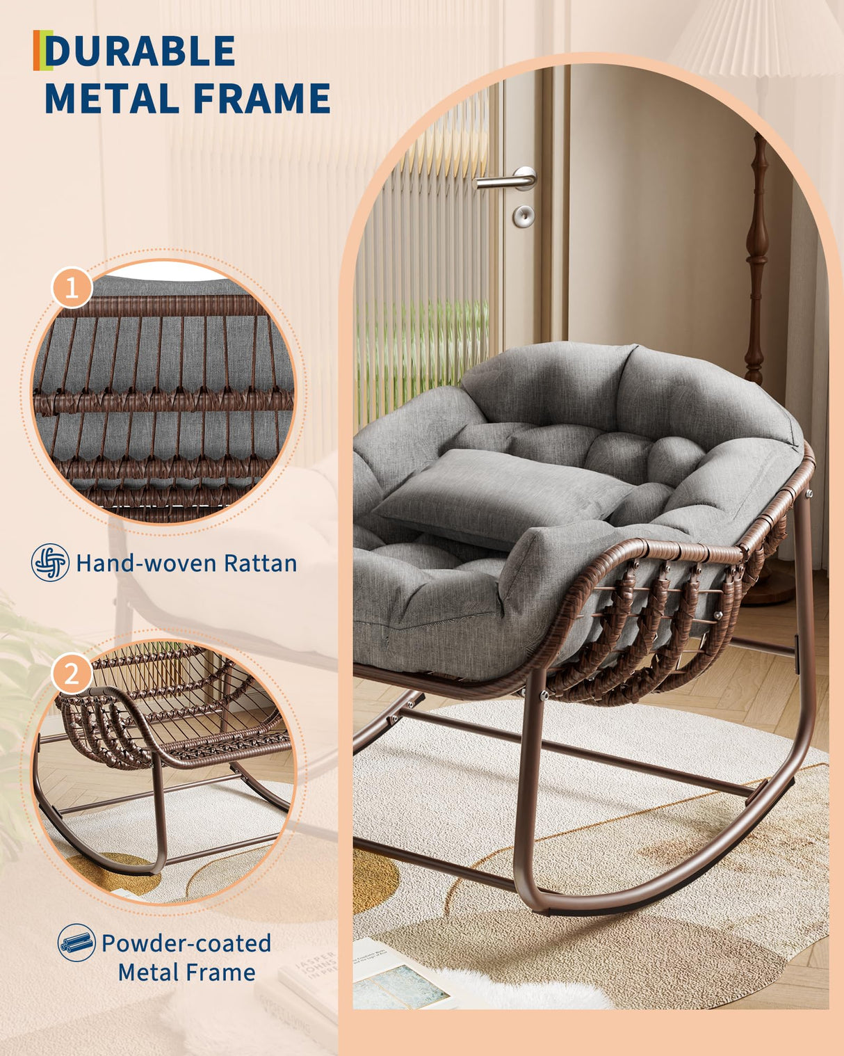 GarveeLife Outdoor Papasan Rocking Chair, Oversized Wicker Lounge Chair with Cushion and Metal Frame, Patio Rattan Egg Rocker for Balcony Backyard Porch Bedroom, Grey GarveeLife