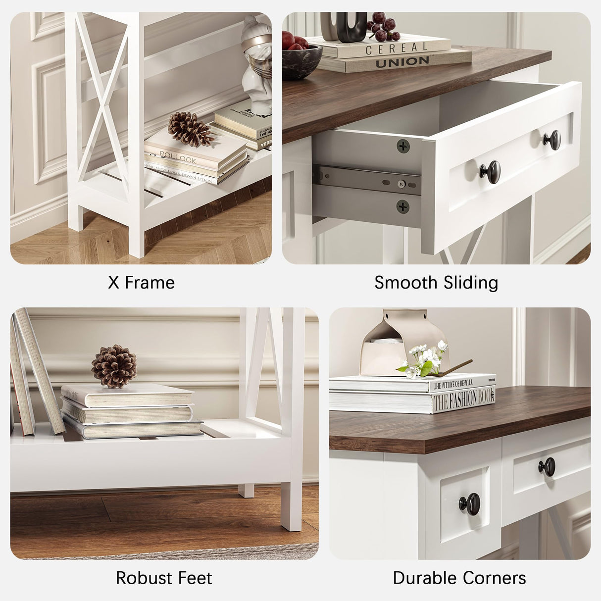 VEELOK 39.4" Farmhouse Console Table with 3 Drawers for Entryway, Rustic Entryway Table Entry Table, Sofa Table for Living Room, Hallway, Behind Couch, White and Brown VEELOK