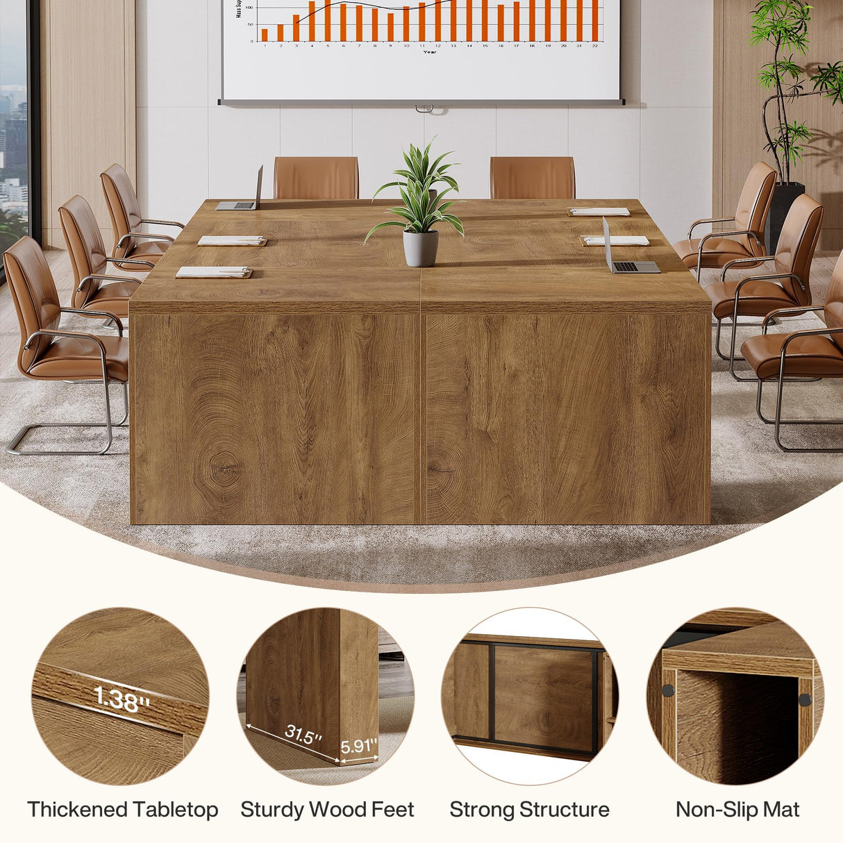 Tribesigns 12 ft Conference Table for 10-14 People, 142-Inch Rectangular Executive Meeting Table for Office, Farmhouse Sturdy Business Desk for Office Conference Room, (2, Brown) Tribesigns