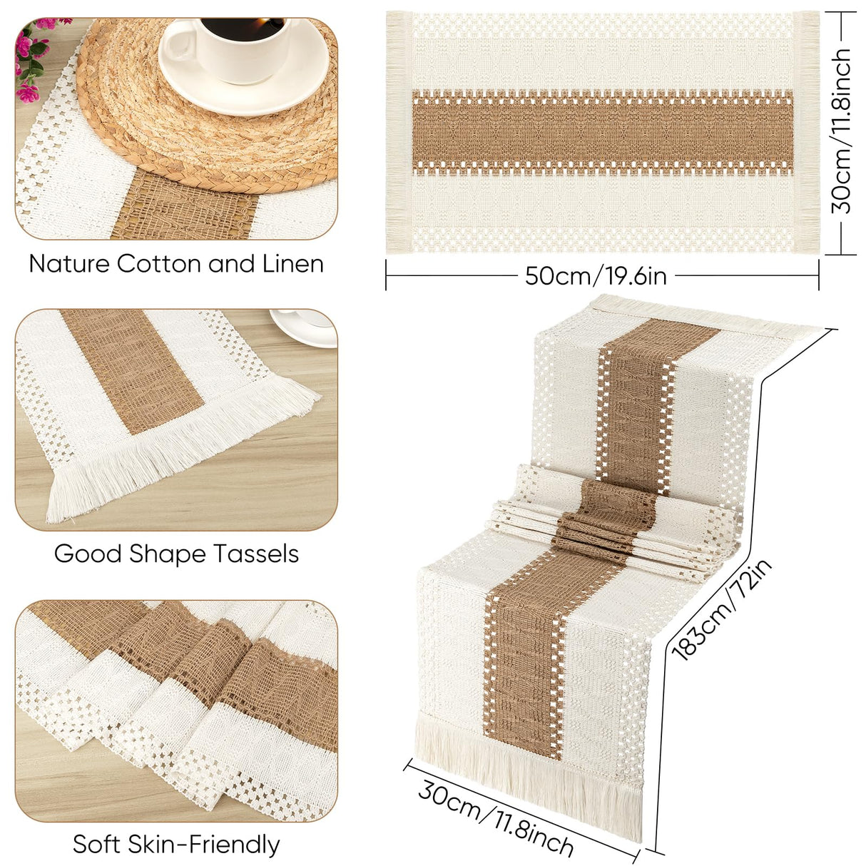 ADRIMER Placemats Set of 6, Handmade Round Woven Table Mats, Burlap Boho Table Place Mats and 1 Pcs 72 Inch Table Runner with Macrame for Kitchen and Dining Table Farmhouse Decor ADRIMER