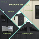 Greesum 8×6 FT Plastic Outdoor Storage Shed with Floor, Resin Sheds with Window and Lockable Door, Weather Resistant Organization for Garden, Lawn, Pool Supplies, Beige Greesum