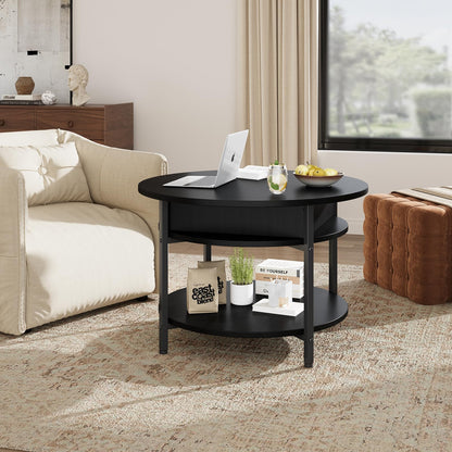 Ablefurn Black Coffee Table, 26.77” Lift Top Coffee Table with Hidden Compartment and Open Storage Shelf, 2 Tier Small Round Coffee Table Circle Central Table w/Adjustable Foot Pad for Living Room