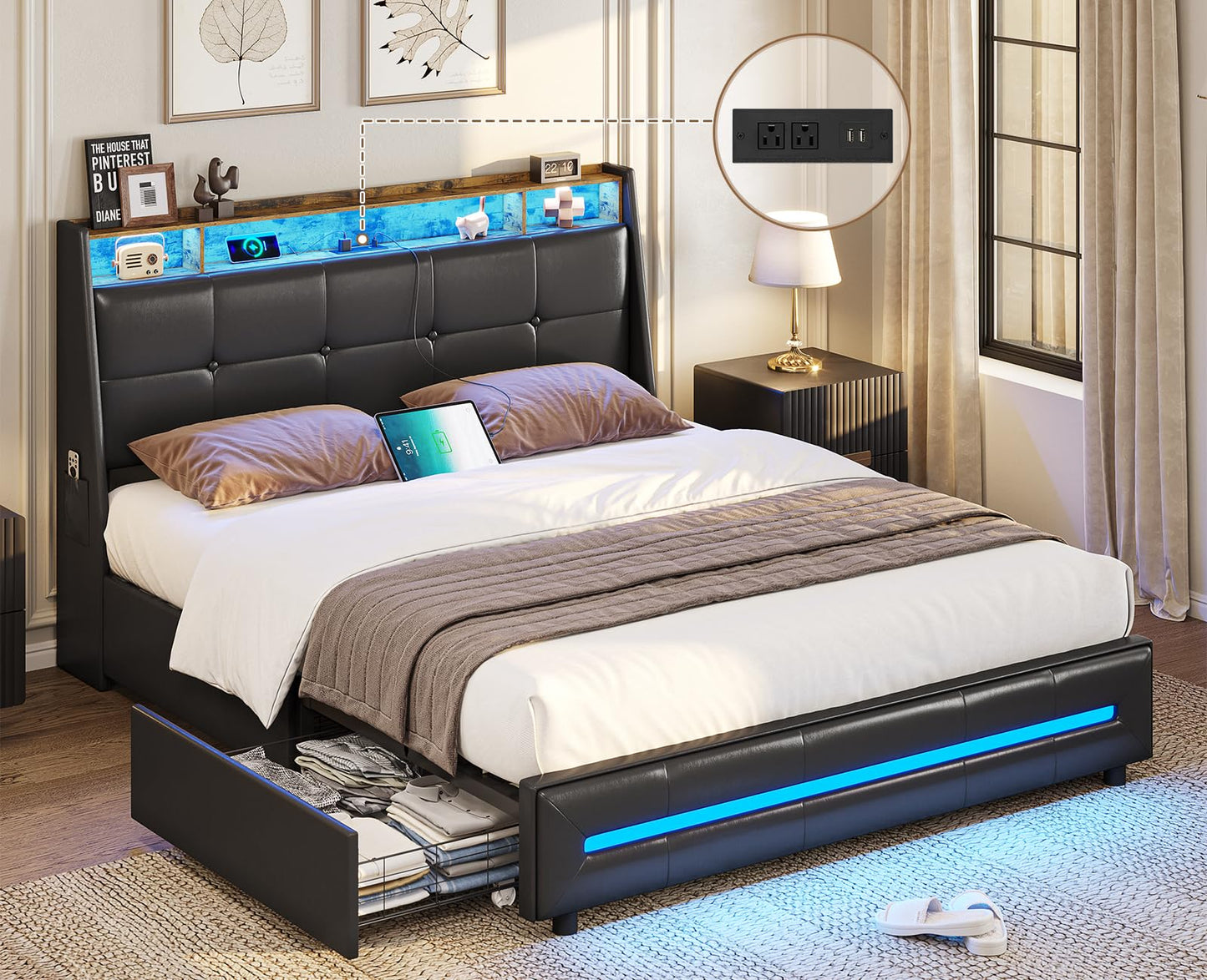 AOGLLATI Queen Bed Frame with LED Storage Headboard and Charging Station - WoodArtSupply