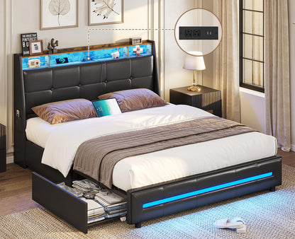 AOGLLATI Queen Bed Frame with LED Storage Headboard and Charging Station - WoodArtSupply