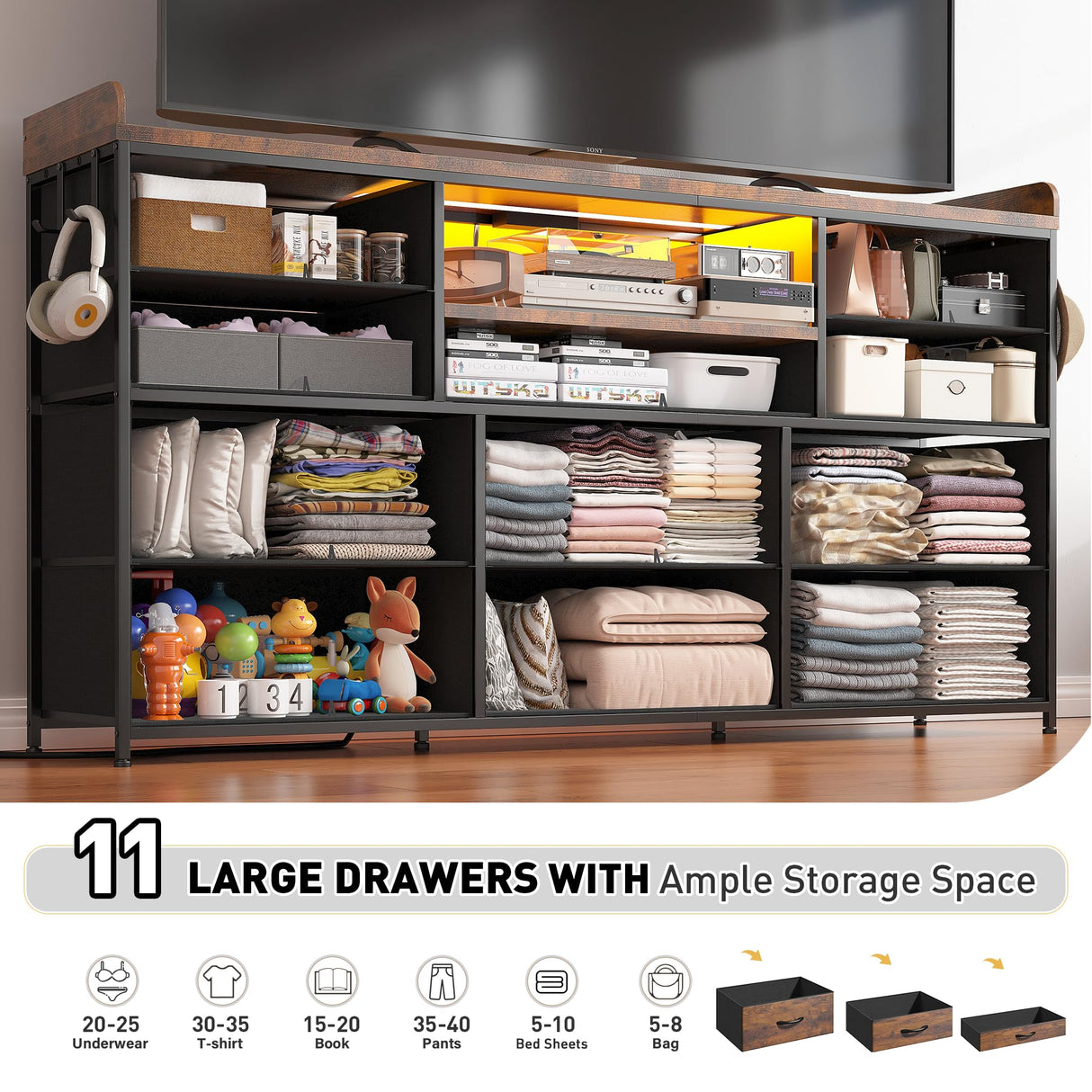 EnHomee Dresser for Bedroom with 11 Drawers for 60" TV Stand for Bedroom with LED Lights & Charging Station Long Dresser with Shelves & 4 Hooks Sturdy Metal Frame & Fabric Drawers (Rustic Brown) EnHomee