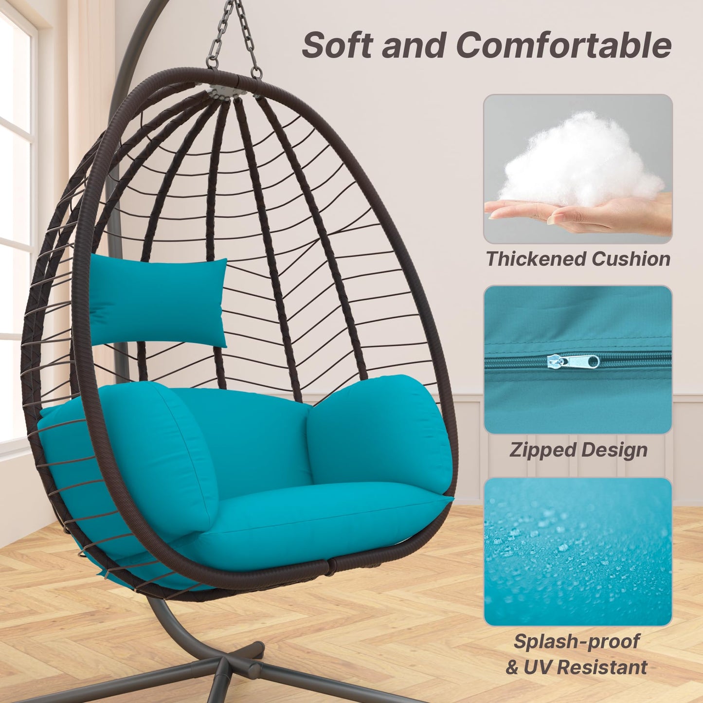 Piltwoff Hanging Egg Chair with Stand, Indoor Outdoor Wicker Rattan Egg Swing Chair with Cushion Headrest, Hammock Chair 350lbs Capacity for Bedroom Patio Porch Garden Balcony(Blue)