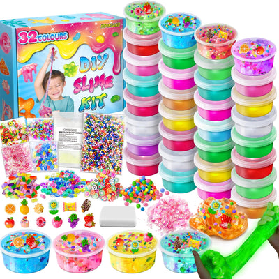 32 Cups DIY Slime Kit, Slime Making Kit for Girls, Crystal Clear Slime, Glow in The Dark Slime with Add-ins, Foam Balls, Charms, Slime Party Favors Gift Toys for Kids 3-12