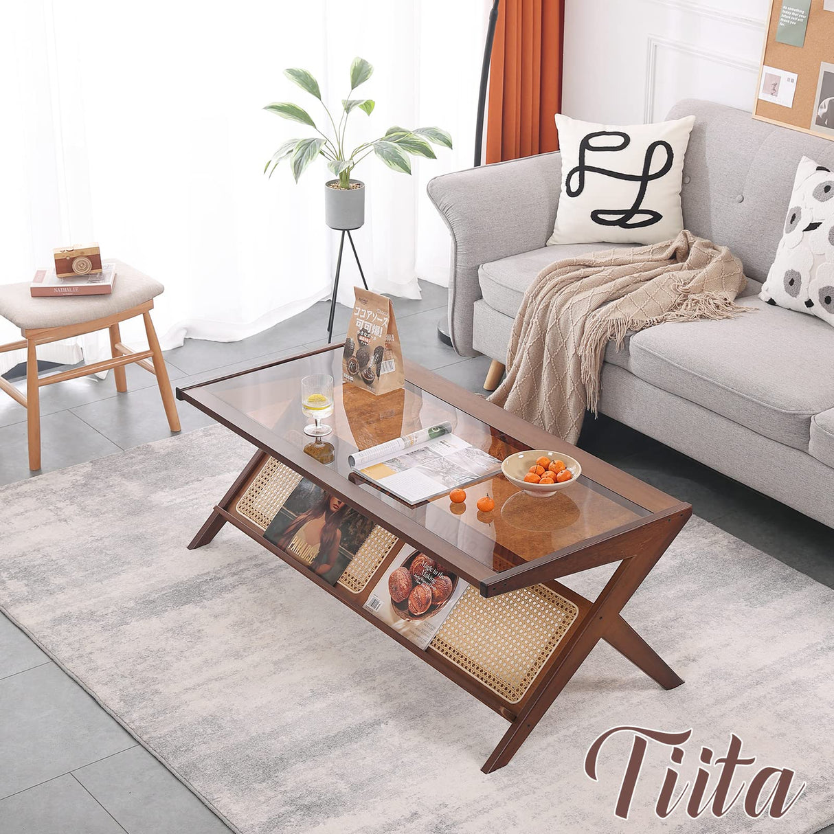 Tiita Rattan Coffee Table, Bamboo Accent Bedside Tables, Glass Nightstand Side Table, Boho Wooden End Table with Storage for Living Room,Living Room, Dining Room, Tea, Home Décor Tiita