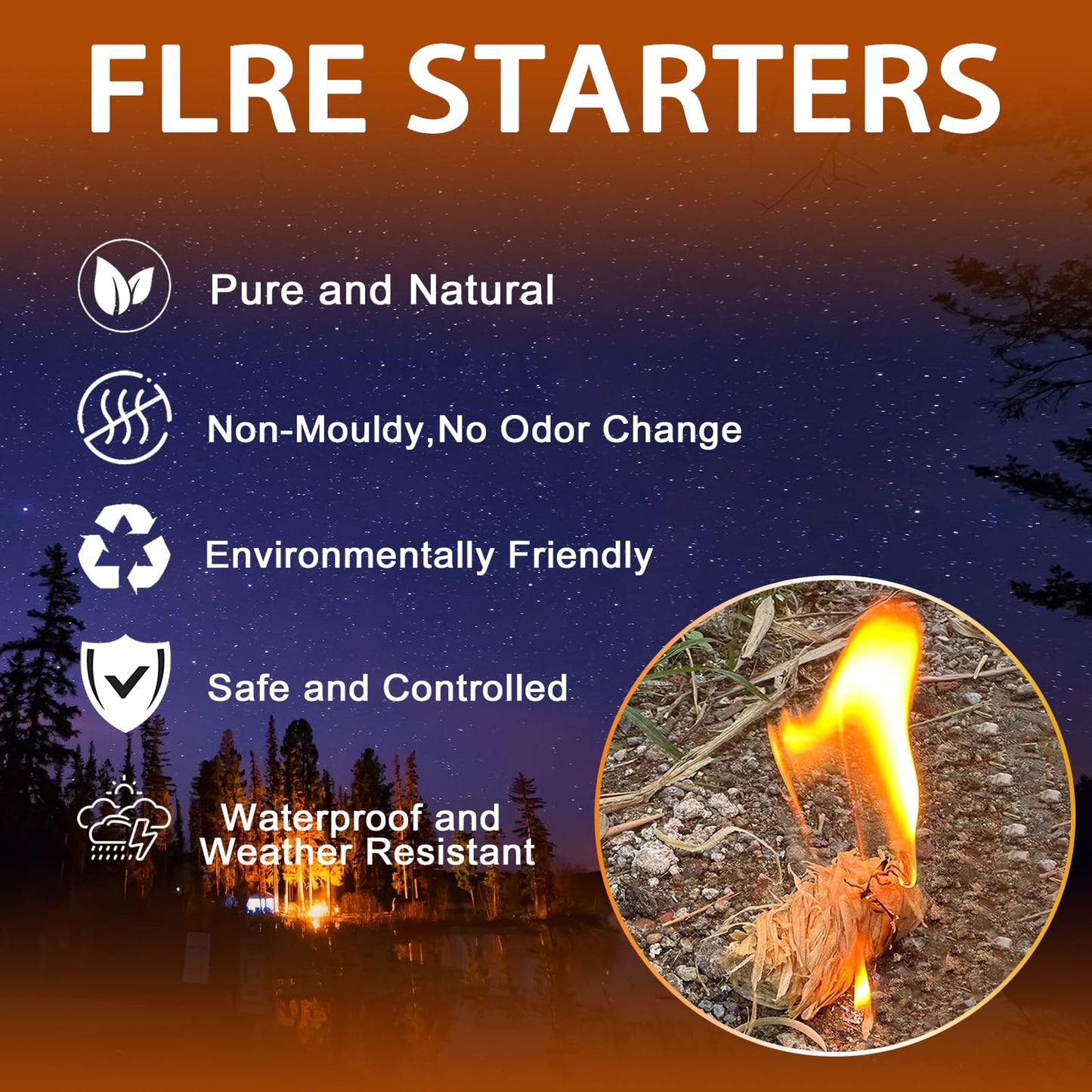 E500 Fire Starter - Natural Fire Starters for Fireplace, Campfires, Chimney, BBQ, Fire Pit & Wood Fireplace - 60 Pack Odorless Pine Firestarter, Charcoal Starter for Grill