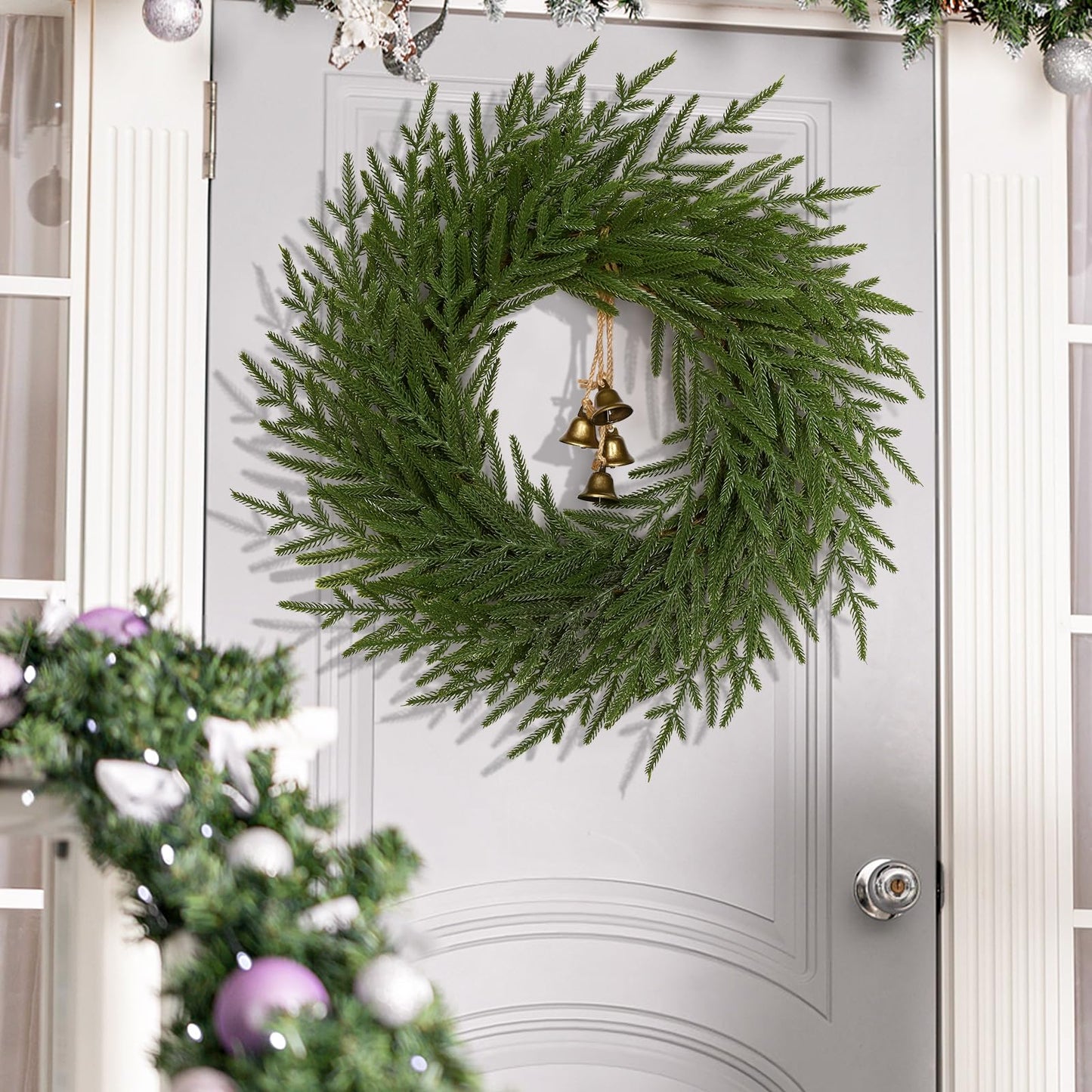 Dolicer Christmas Wreath - 24" Real Touch Norfolk Pine Wreath, Christmas Wreaths for Front Door Artificial Pine Green Wreath with Bell for Wall Windows Mantle Outdoor Outside Christmas Decoration