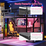 Metal Loft Bed with Desk and RGB LED Lights, Full Size Loft Bed with Stairs and Charging Station,Kids Loft Beds with Storage Shelves for Upper and Wardrobe,Loft Beds Frame for Kids Teens, Black Duxelifin