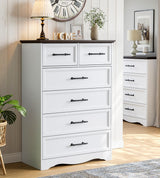 Farmhouse 6 Drawer Dresser, White Wood Chest of Drawers, 44" Tall Bedroom Storage Cabinet with Brushed Metal Handles, Closet Organizer for Bedroom, Living Room, Hallway Harpaq