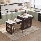 HLR Kitchen Island with Extendable Dining Table, Marble Grain Countertop Island with Power Outlet, Rolling Storage Cart on Wheels with Storage Cabinet and 2 Drawers, Prep Table for Kitchen HLR