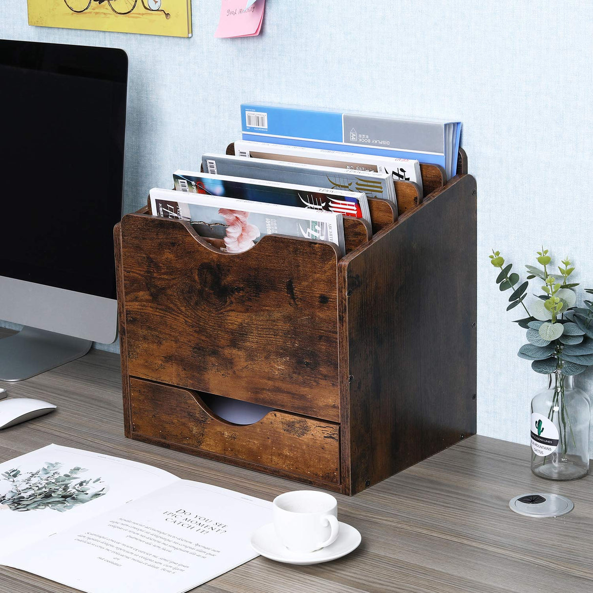 PAG Wood Desktop File Holder Organizer Mail Sorter with Drawer, for File Folders, Mails, Envelopes, Mailing Supplies or Magazines, 6 Compartments, Antique Brown PAG