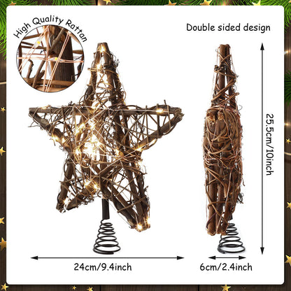 Star Tree Toppers Christmas Decorations Indoor Natural Brown Rattan Star Christmas Tree Topper Lighted Rustic Rattan Star Rustic Rattan Treetop Holiday Xmas Party Decorations (Warm White Light)