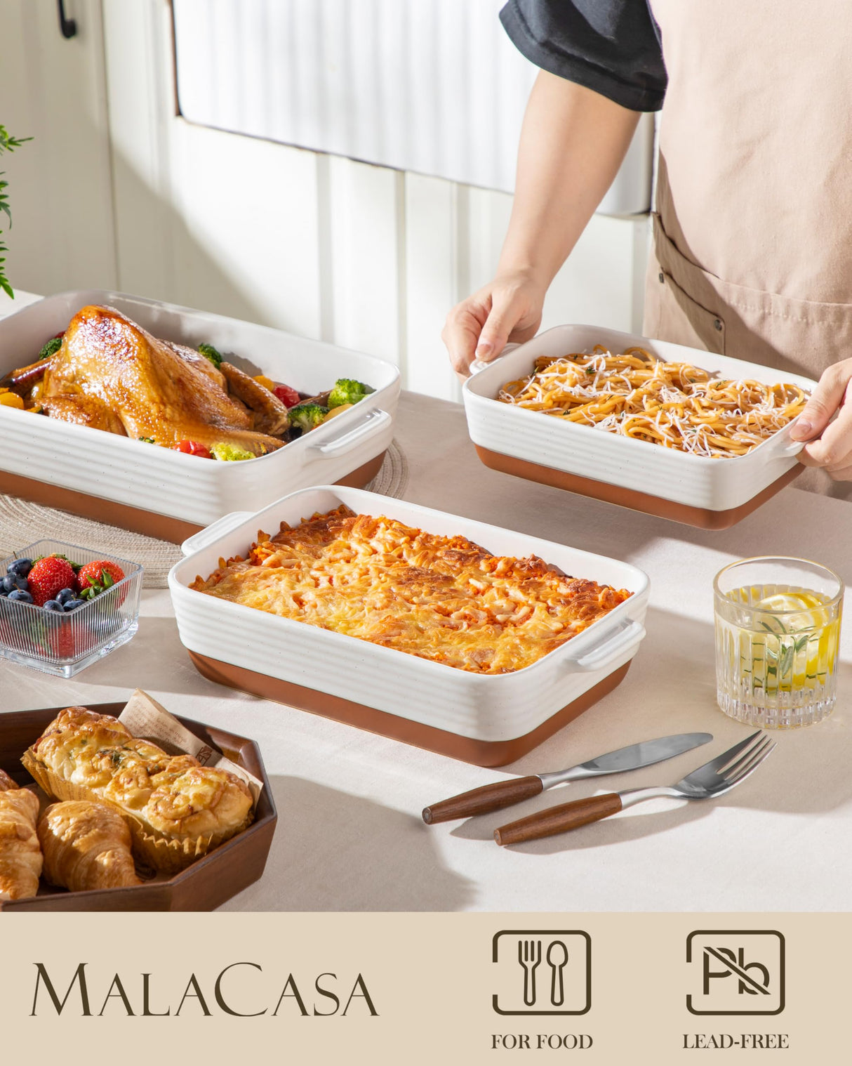 MALACASA Casserole Dishes for Oven, Ceramic Baking Dishes Set of 3, Baking Pan Casserole Dish Set, Rectangular Lasagna Pan Deep with Handles for Baking, Khaki White (14.5''/13''/10.5''), Series TARA MALACASA