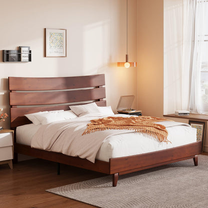 King Size Solid Wood Platform Bed Frame with Wooden Headboard - Easy Assembly, No Box Spring Required, Walnut Finish - WoodArtSupply