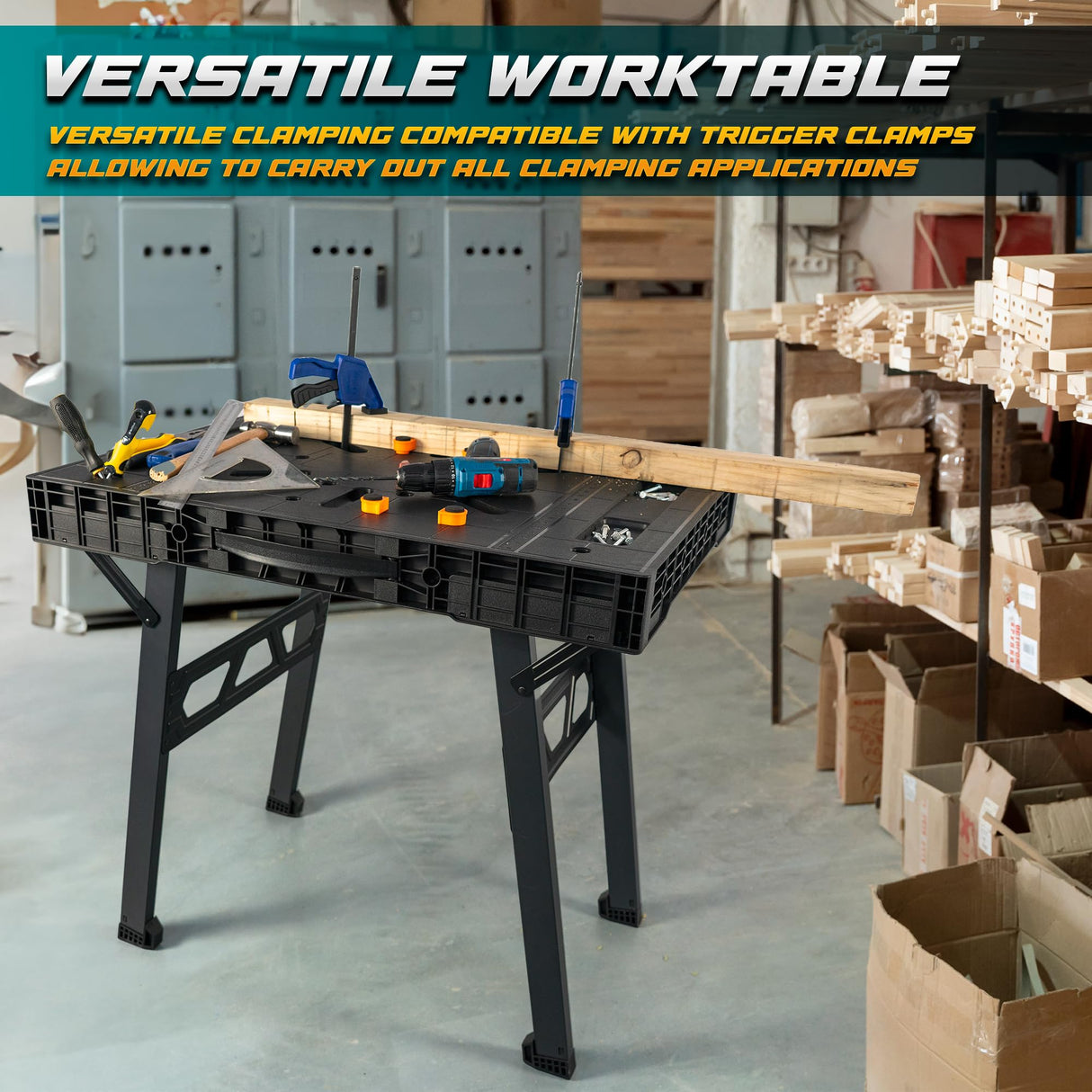 Express Folding Workbench, 2-in-1 Easy Setup Portable Folding Work Table & Sawhorse, 34" W x 25" D x 32" H Lightweight Versatile Worktable with Heavy-Duty 1000 Lbs Load Capacity (Workbench Yellow) ZYLOQUEX