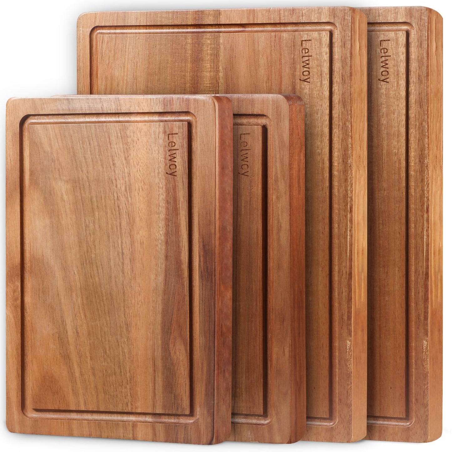 Wood Cutting Boards for Kitchen, Large Cutting Board Set of 4, Wooden Cutting Boards with Juice Grooves, Chopping Board for Meat, Veggies, Easy Grip Handle (double 17x12, 12x9, 12x8 inch)