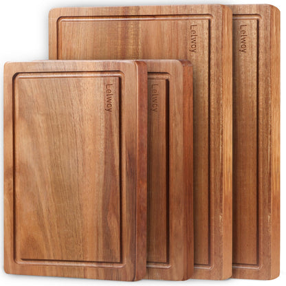 Wood Cutting Boards for Kitchen, Large Cutting Board Set of 4, Wooden Cutting Boards with Juice Grooves, Chopping Board for Meat, Veggies, Easy Grip Handle (double 17x12, 12x9, 12x8 inch)