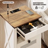 FREDEES Bedside Table set of 2 with Drawers, End Table with Charging Station, LED Night Stand with Human Sensor Light, Rattan Nightstand for Bedroom, White FREDEES