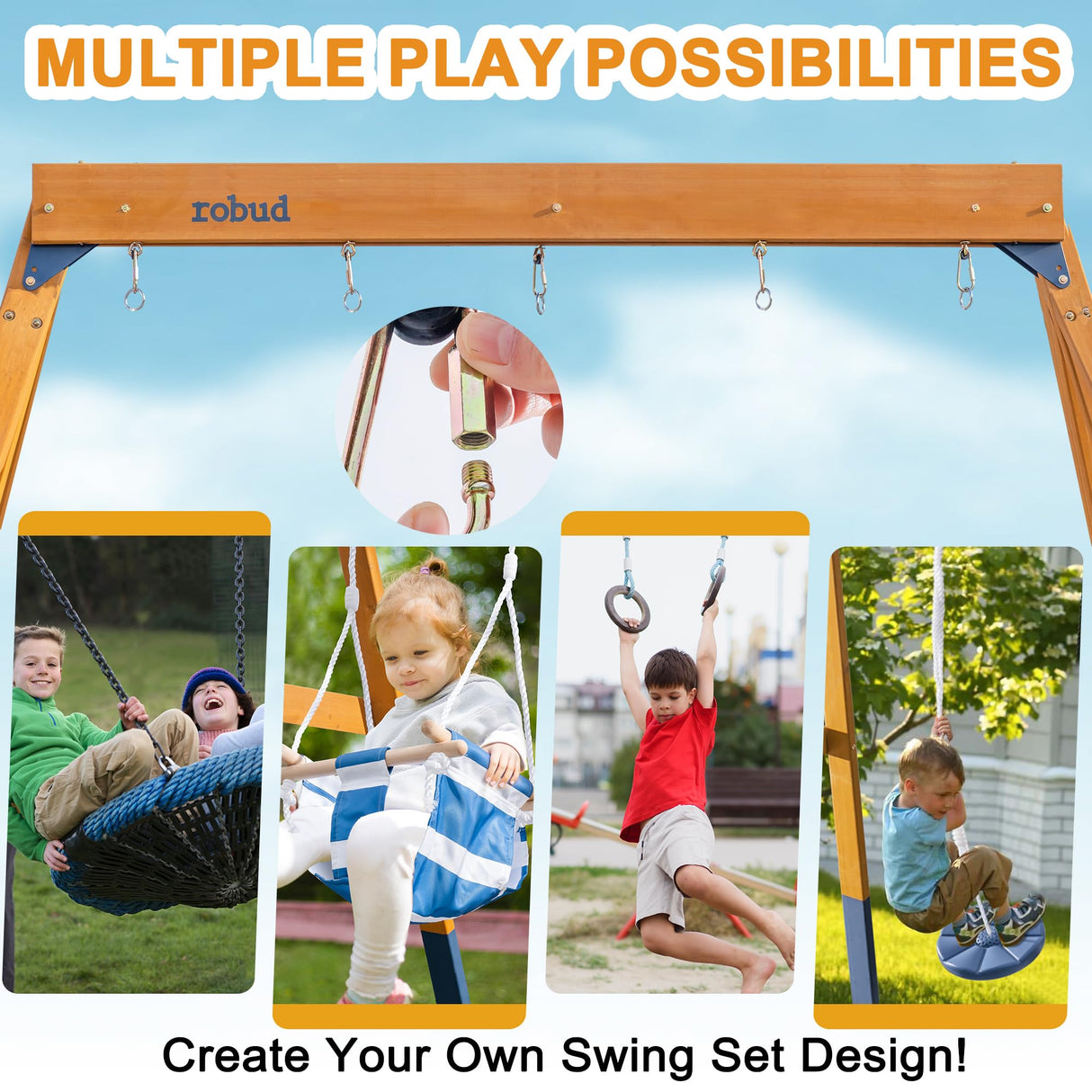 ROBUD 3-in-1 Playground Wooden Swing Sets for Backyard, DIY Swing Sets with Tree Swing and 2 Toddler Swings, Kids Outdoor Play Equipment, Outdoor Playset for Kids & Toddlers, Ages 3+ ROBUD