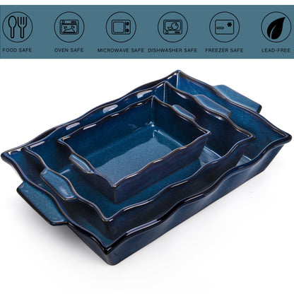 Peohud 3 Pack Casserole Dishes for Oven, Ceramic Baking Dishes with Handles, Heavy Duty Rectangular Lasagna Pan, Porcelain Bakeware Sets for Cooking, Cake Dinner, Kitchen, Blue