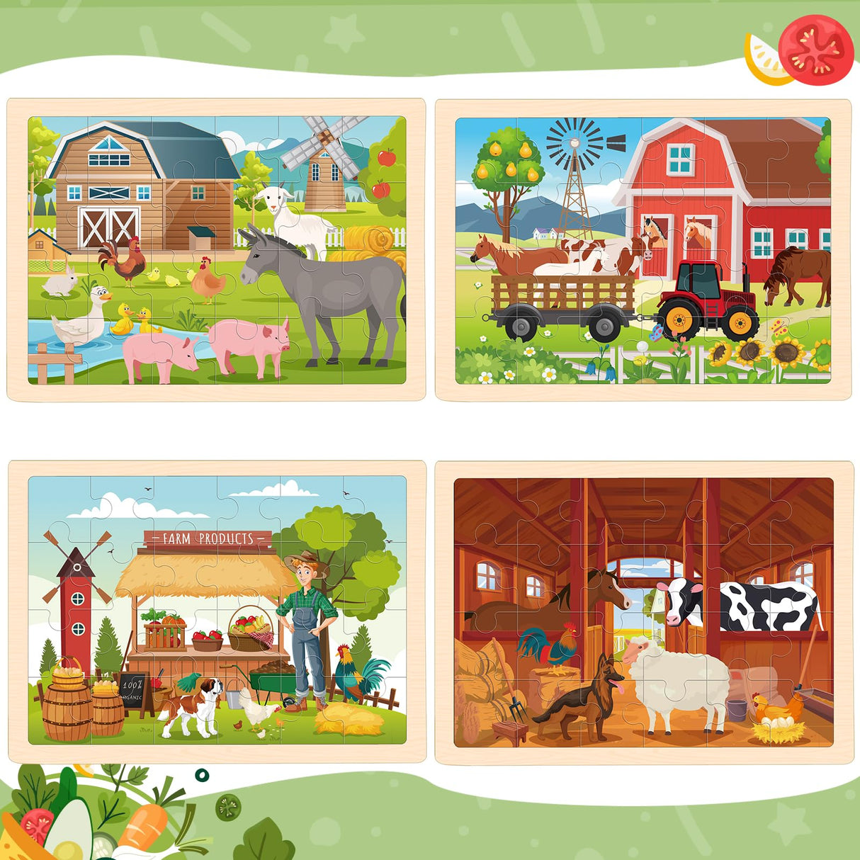 4-in-1 Farm Wooden Puzzles for Kids Ages 4-6, 24 PCS Wooden Jigsaw Puzzles for Toddlers Ages 2-4, Preschool Educational Puzzles Boards Toys Gifts for 3 4 5 6 Boys Girls Duchong
