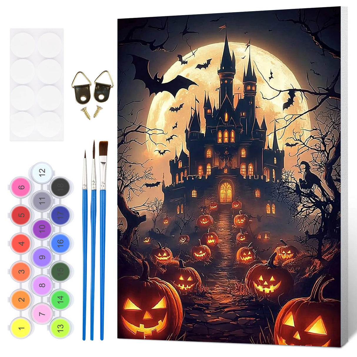 HEIBAGO Halloween Framed Paint by Numbers Kit for Adults, Castle Pumpkin Paint by Numbers for Beginner, Moon Adult Paint by Number Kits on Canvas, Painting by Numbers for Home Wall Decor 12 * 16 inch HEIBAGO