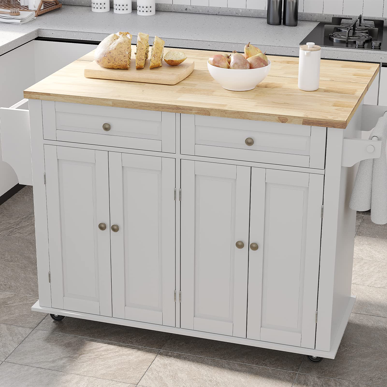 Rolling Kitchen Island with Drop Leaf – Movable Kitchen Carts on Wheels Island with Storage Cabinet, Island Table for Kitchen with Rubber Wood Top and Rack and Drawers, Matte, White - WoodArtSupply