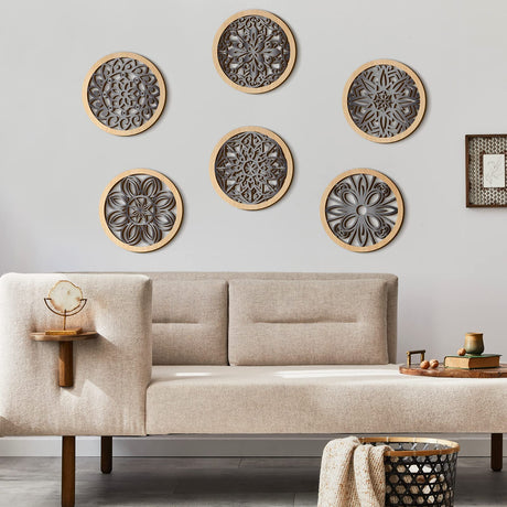 Ferraycle 6 Pieces Thicken Rustic Wall Decor Farmhouse Wall Art Decor Wooden Round Wall Art Rustic Hollow Carved Wall Art for Living Room Bedroom Kitchen Decor Small Size 9.8" x 9.8" (Wood Color) Ferraycle