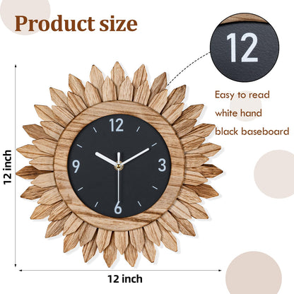 Honiway Wall Clock Battery Operated 12 in Rustic Wood Boho Sunburst Decorative Wall Clock Silent Non Ticking Farmhouse Small Wall Clocks for Living Room Kitchen Bathroom Bedroom Decor (Rustic - WoodArtSupply