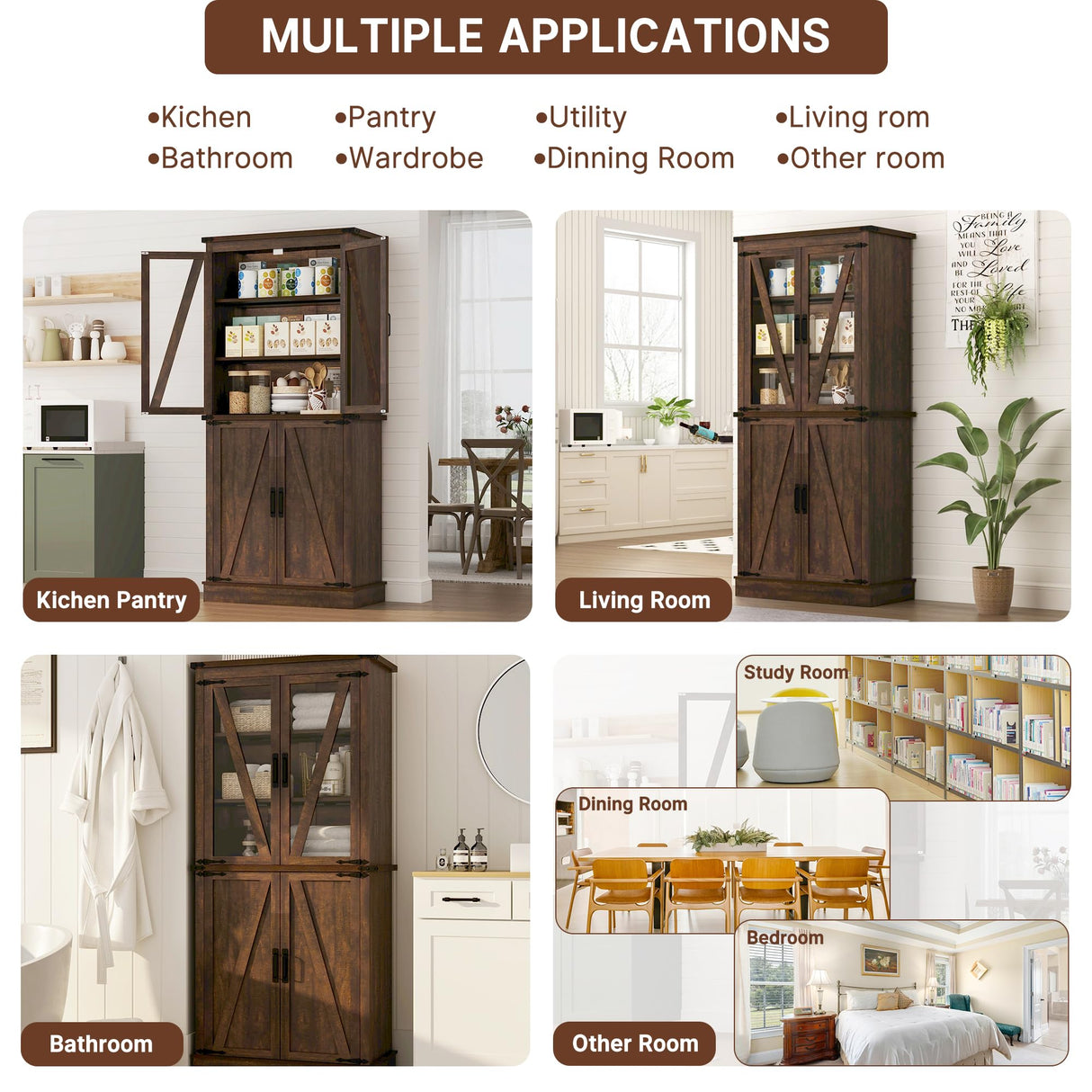 71" Tall Kitchen Pantry Cabinet with 3 Pack Pull Out Drawers for Cabinets,Farmhouse Storage Cabinet with Load-Bearing Steel Pipe,Pantry Organizers and Storage for Kitchen,Dining Room(Antique Brown) chartustriable
