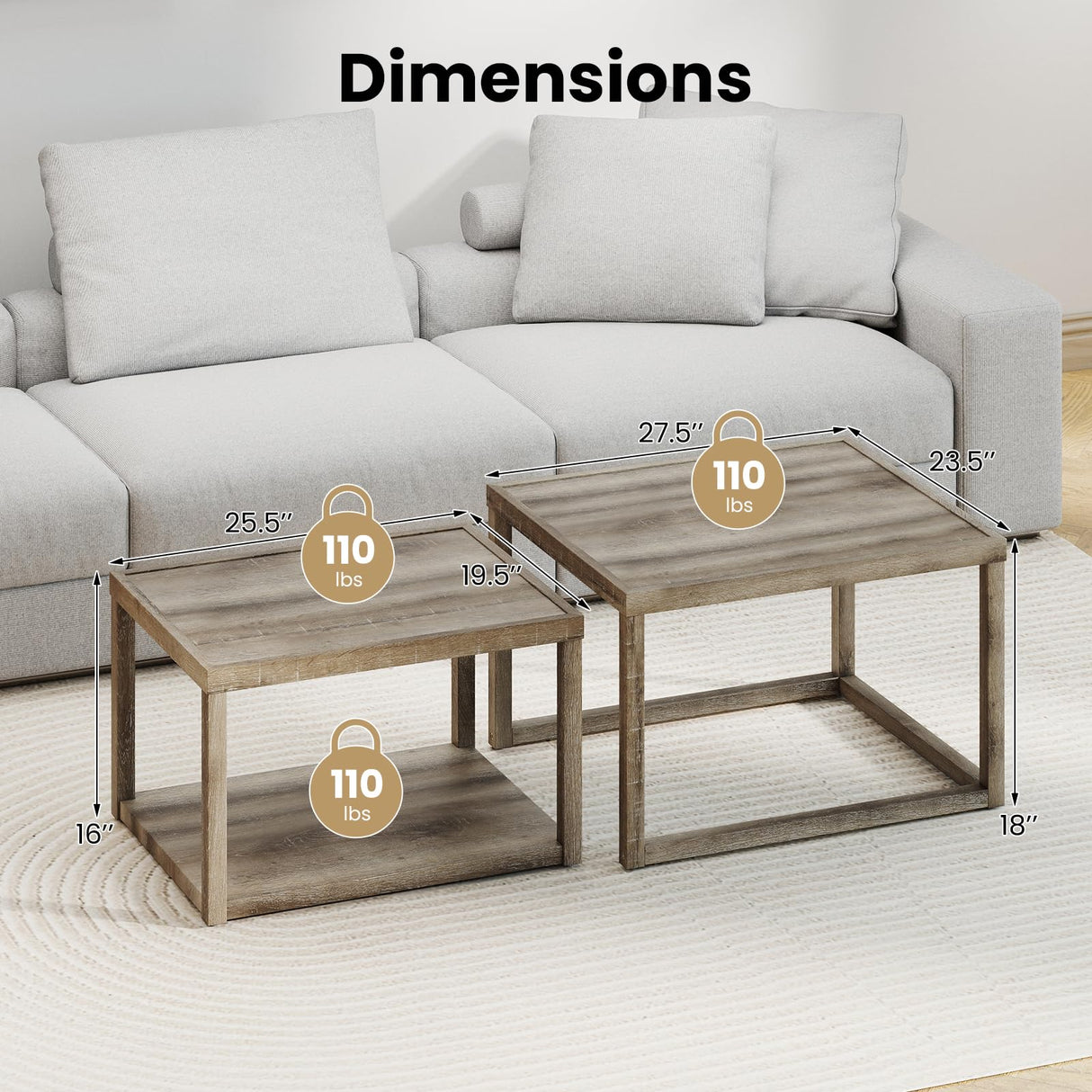 Giantex Nesting Coffee Table Set of 2, Stackable 2-Tier End Tables with Storage Shelf, Rubber Wood Frame, Farmhouse Nesting Tables for Living Room Bedroom Small Space, Grey Oak Giantex