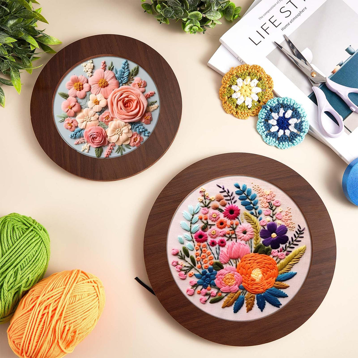 Wenqik 6 Pcs Wood Embroidery Frames for Display Embroidery Hoops Wood Display Frame for Finished Cross Stitch or DIY Art Craft Sewing Ornaments (8 Inch, 6 Inch, Round) Wenqik