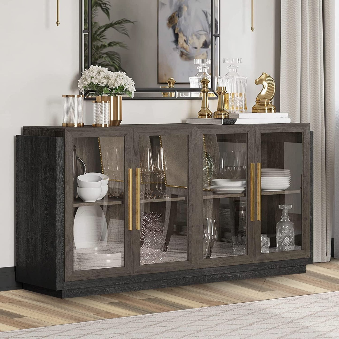 BELLEZE Sideboard Buffet Cabinet, Modern Wood Glass-Buffet-Sideboard with Storage, Console Table for Kitchen, Dining Room, Living Room, Hallway, or Entrance - Brixston (Brown) - WoodArtSupply