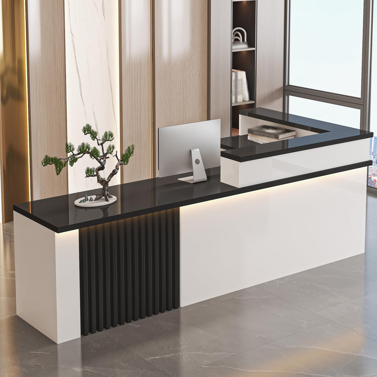 L-Shaped Reception Desk with Counter & Lockable Drawers,Modern Wooden Commercial Reception Desk with Storage & led Lights,for Home Office,Checkout,Lobby,Beauty Salon Generic