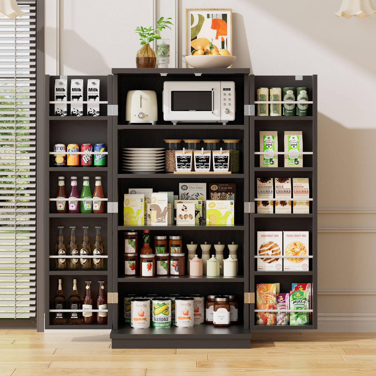 Meilocar 47in Kitchen Pantry Cabinet, Wood Kitchen Storage Pantry Cabinets Freestanding Pantry Cabinet with Doors & Adjustable Shelves, Pantry Cabinet for Kitchen, Living Room, Black Meilocar