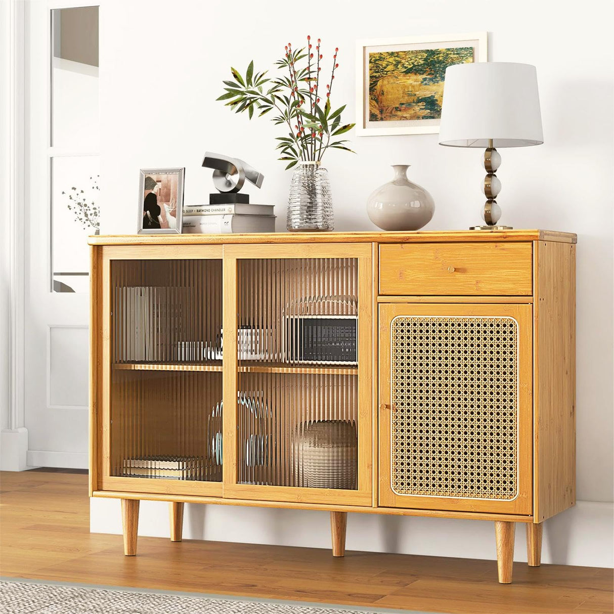 Moccha Buffet Cabinet with Storage, Bamboo Storage Cabinet with Rattan Glass Door Cabinet & Drawer, Farmhouse Kitchen Buffet Sideboard, Boho Console Table Credenza for Living Room Dining Room LDAILY